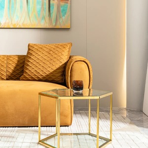 Mesa de Centro Hexagonal Moderna de Estilo Nórdico Ecológica con Vidrio y Estructura de Acero Inoxidable para Apartamentos Pequeños y Balcones - Product Image 3