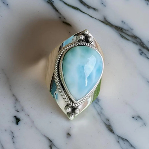 Hermoso diseño Natural Larimar 925 plata esterlina forma de pera hecho a mano oxidado estilo bohemio moda mujer anillo de compromiso - Product Image 4