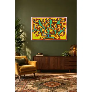 Impresión en lienzo de Fida Keith Haring con figuras verdes de árboles sobre fondo amarillo - Product Image 3