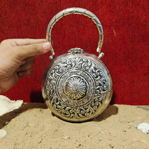 Round Antique Silver Metal Evening <b>Handbag</b> with Carved Medallion Design Luxury Womens Party <b>Wedding</b> Statement Carry Bag - Product Image 5
