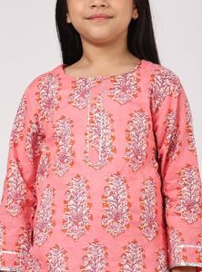 Kurta court droit en coton à manches longues imprimé rose avec pantalon palazzo pour enfants - Product Image 2