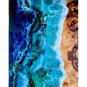 Table à manger rectangulaire moderne en bois d'acacia à bord vif, fabriquée à la main, imperméable, avec résine de couleur chaude - Product Image 3