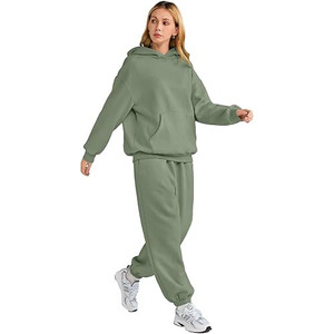Ensemble survêtement molletonné pour femme, sweat-shirt à capuche uni personnalisé et pantalon de jogging, coupe ajustée, respirant, taille plus, motif uni, pour la saison hivernale - Product Image 6