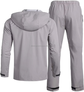 Men Solid PU Coating <b>Waterproof</b> Lightweight Outdoor Hooded Hiking Running Grey Color Rain <b>Spray</b> <b>Jacket</b> Pant Suit - Product Image 2