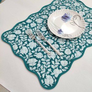 Teal blue floral Four Napkins and Four Cotton Table quilted wave piped <b>Placemats</b> Indian Vintage Handmade Floral Set - Product Image 2