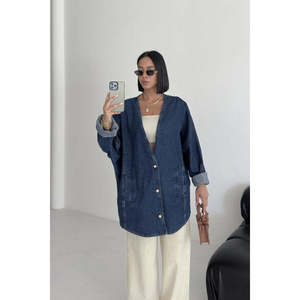 XLove Jeans Women's Oversize Batwing Sleeve Dark Rinse <b>Denim</b> Jacket, Mid-Length Button Closure Street Style <b>Coat</b> - Product Image 6