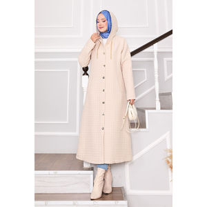Manteau matelassé rétro élégant à capuche avec logo et boutons décoratifs, taille XL, en tissu tissé polyester et coton, poches longues - Product Image 1