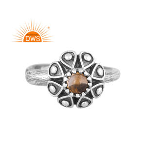 แหวนซิทรีนธรรมชาติสีเงินสเตอร์ลิงออกซิไดซ์ออกแบบลายดอกไม้แหวนปรับได้ผู้ผลิตเครื่องประดับตามต้องการ - Product Image 1