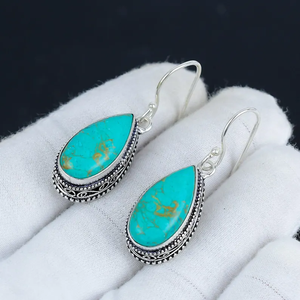 Pendientes de piedras preciosas de turquesa azul en forma de pera, Plata de Ley 925, joyería colgante hecha a mano, regalo para el amor, precio al por mayor - Product Image 3