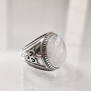 Bague en argent sterling 925 pour homme, avec pierre de lune arc-en-ciel naturelle bleue feu, pierre de naissance de juin, bijou fin et massif, vente en gros - Product Image 2