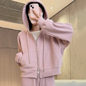 เสื้อฮู้ดแขนยาวมีซิปสองชั้นสไตล์เกาหลีสำหรับผู้หญิงแจ็คเก็ตกีฬาทรงหลวมสีพื้นสำหรับฤดูหนาว - Product Image 3