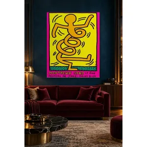 Fida Keith Haring Montreux Orange Dancer sur fond jaune Impression sur toile - Product Image 1