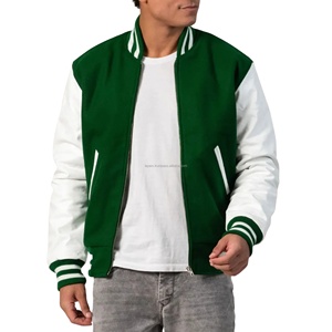 Blouson Bomber Unisexe Style Universitaire Entièrement Zippé, Corps en Laine, Manches en Similicuir, Col Rond, Patchwork, Écologique, Rétro, Style Athlétique Américain - Product Image 1