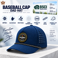 Casquette de baseball personnalisée à 5 panneaux en polyester UPF50+ imperméable à séchage rapide avec logo en PVC découpé au laser et corde, style Golf Dad Hat, vente en gros OEM ODM