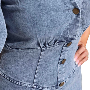 2025 manga corta cintura alta botón lado a línea mangas largas abullonadas sólido largo Denim camisa vestidos mujeres Denim camisa vestidos - Product Image 4