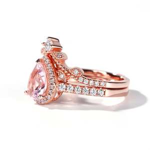 Ensemble de bagues de mariage Jeulia Halo en argent sterling avec morganite synthétique taille poire - Product Image 4