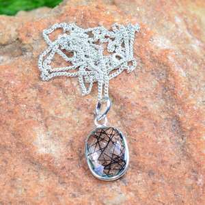 จี้พลอยรูไทล์สีดำทรงเหลี่ยมเงินแท้ 925 งานแฮนด์เมด เครื่องประดับสุดหรู ของขวัญสำหรับผู้หญิง - Product Image 6