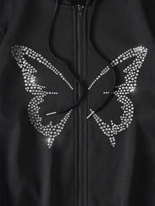 เสื้อฮู้ดมีซิปประดับพลอยเทียมสำหรับผู้หญิงแจ็คเก็ตมีฮู้ดแบบลำลองสำหรับทุกเพศเสื้อฮู้ดแบบขาด - Product Image 2