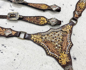 Prix de gros cuir Western Horse Headstall poitrine collier ensemble sculpté à la main feuille de chêne doré superposition pour l'équitation et la course - Product Image 3