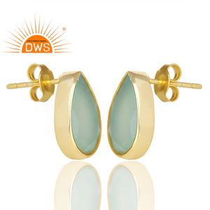 Diseñador hecho a mano plata esterlina Natural Aqua Calcedonia piedras preciosas Stud pendiente joyería fabricante - Product Image 2