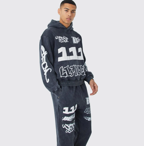 Écusson de broderie personnalisé pour hommes en détresse Ensemble de survêtement Streetwear Sweat à capuche délavé à l'acide et pantalon de survêtement - Product Image 6