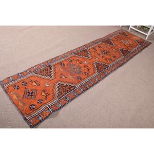 Vintage <b>Runner</b> <b>Rug</b> 2.6x9.8 ft, Orange Blue Animal Print <b>Rug</b> Wool - Product Image 2