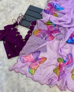 Belle fleur impression à la main Organza Satin soie Saree exclusif à la mode Designer mariée fête mariage Festival pour femmes filles - Product Image 5