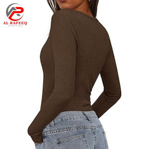 Primavera otoño sólido Slim Street Wear manga larga mujeres deportes Fitness Top cuello redondo flaco Color sólido señoras camisetas - Product Image 2