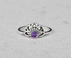 Solid 925 Sterling Silver Simple Vintage Rhodium Plated Bezel Set Christian Women's/Unisex Ring Natural Amethyst Mandala <b>Lotus</b> - Product Image 4