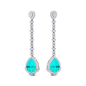Pendientes colgantes de gota de oro macizo de 18 quilates de diseño fabuloso con piedra preciosa de turmalina Paraiba cultivada en laboratorio de corte de pera y diamantes reales a granel - Product Image 1