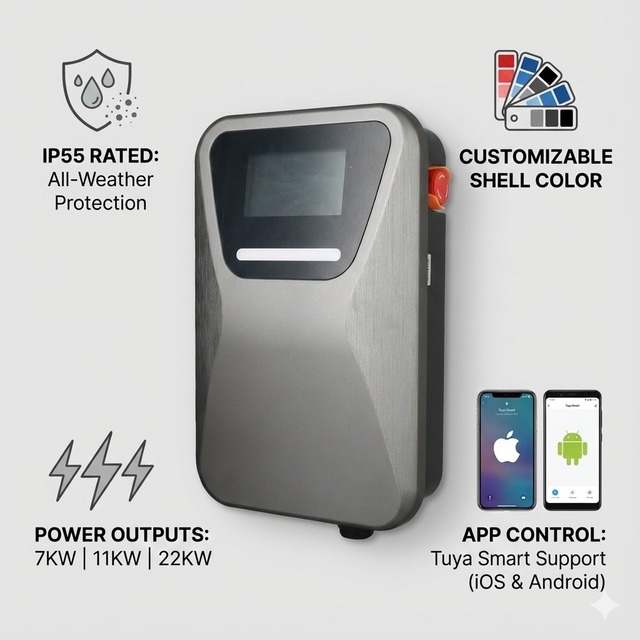 New 22kW Fast AC EV Charger with DLB Dynamic Load Balance Smart Wallbox Charging Station IP55 Rated Type 2/Type 1