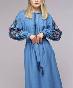 Women Modest Embroidery Ukrainian <b>Dresses</b> Balloon <b>Long</b> Sleeve Knee Length Side Slit Ukrain Party Wear <b>Dress</b> - Product Image 4