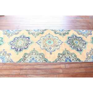 Vintage 3,3x12,3 ft Rug, <b>Runner</b> Turkish Rug, Blue <b>Green</b> Oriental Rug - Product Image 3