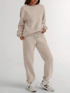 Conjunto de chándal sólido con hombros caídos de alta calidad para mujer, ropa de calle personalizada, conjunto de dos piezas para invierno, venta al por mayor por fabricante - Product Image 2