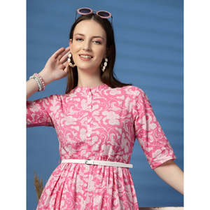 เดรสผ้าฝ้ายสีชมพูทรงพอดีตัวและทรงบานสำหรับผู้หญิง สวมใส่สบาย ลายพิมพ์สีสันสดใส - Product Image 6
