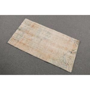 พรมตุรกีโบราณขนาดเล็ก 1.8x3.4 ฟุต สีเบจลายทางสีน้ำเงิน ทำจากขนสัตว์ - Product Image 2