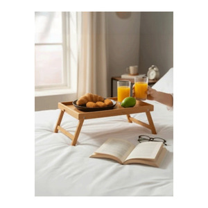 Plateau de lit pliable en bambou naturel moderne avec pieds, plateau de petit-déjeuner durable et accessoire de décoration - Product Image 1