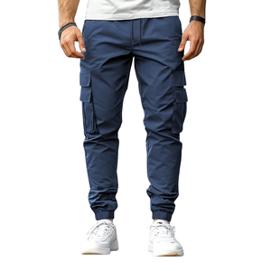 Mens Navy Cargo Jogger Pants Elastic Waist Drawstring Multi Pocket Casual Outdoor <b>Canvas</b> Breathable Eco-Friendly Regular Fit - Product Image 1