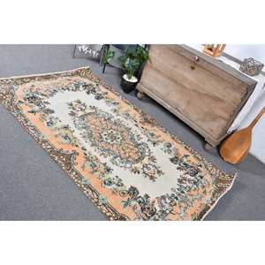 Tapis turc classique Vintage Beige Orange Patchwork Design 3.7x6.8ft grande surface en laine avec support en Latex pour chambre à coucher - Product Image 4