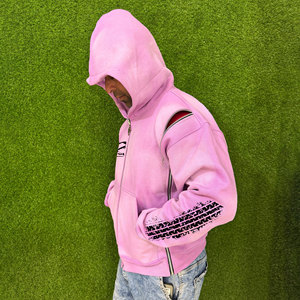 Sweats à capuche surdimensionnés en éponge française personnalisés en gros pour hommes sweats à fermeture éclair lavés à l'acide en coton brodé mélangé - Product Image 3