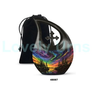 Urna para adultos de cremación con gotas de lágrima Aurora Borealis más vendida para cenizas humanas, urna funeraria cruzada decorativa con bolsa de terciopelo gratis - Product Image 3