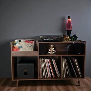 Table tourne-disque de style mid-century avec armoire de rangement pour disques, support spacieux pour vinyles, étagère élégante, support de musique pour salon, studio - Product Image 2