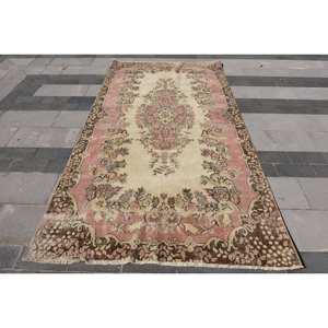 พรมปูพื้นขนาดใหญ่สีเบจสีชมพูคลาสสิกขนาด5.1x9.6ฟุตสไตล์ตุรกีแบบนามธรรมผ้าขนสัตว์ PP สำหรับห้องโถงห้องนอนด้านหลังเป็นยาง - Product Image 1