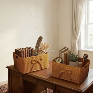 Cesta de Almacenamiento Rectangular de Mimbre Hecha a Mano con Lazo, Organizador de Mimbre Natural para Decoración del Hogar, Vietnam - Product Image 3