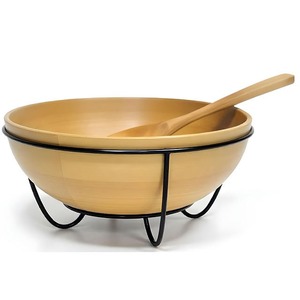 Ensaladera de madera hecha a mano con cuchara y soporte de metal Frutero ecológico para la decoración de la cocina del hogar - Product Image 4