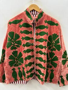 Veste vintage en velours à col mandarin, manches longues, motif floral brodé, rouge et vert, vêtements d'extérieur d'hiver pour adultes - Product Image 5
