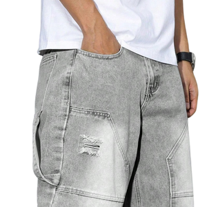 Mens Solid <b>Light</b> Grey Breathable Mid Carpenter Jeans Loose Fit Straight Leg Distressed Cargo Denim Pants Casual Streetwear - Product Image 3