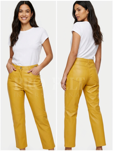 Pantalones de Cuero Genuino de Cintura Alta a la Moda, Unisex, de Pierna Recta, Clásicos, con Cinco Bolsillos, Logotipo Bordado Personalizado - Product Image 5