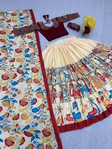 ชุดโชลีลีเลฮังการิพิมพ์ลายผ้าชิออนผ้าไหมคาลามัคคาแบบดั้งเดิมดีไซน์เนอร์อย่างหนัก - Product Image 6