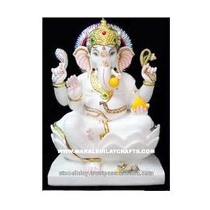 Estatua de mármol blanco pulido de Ganesha sentado en Lotus Lord, para adorar y decorar el hogar - Product Image 1